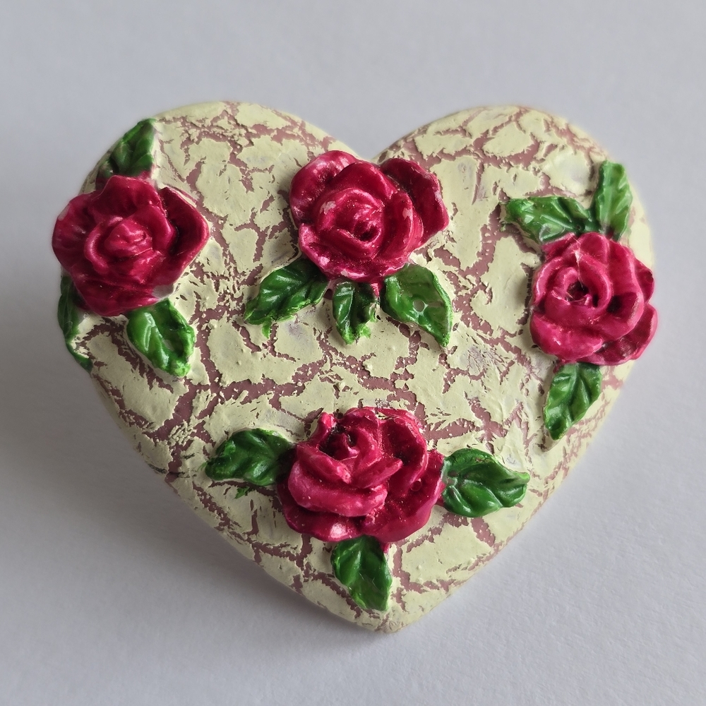 Vintage brooch heart flowers pink roses pastel green pin cottagecore